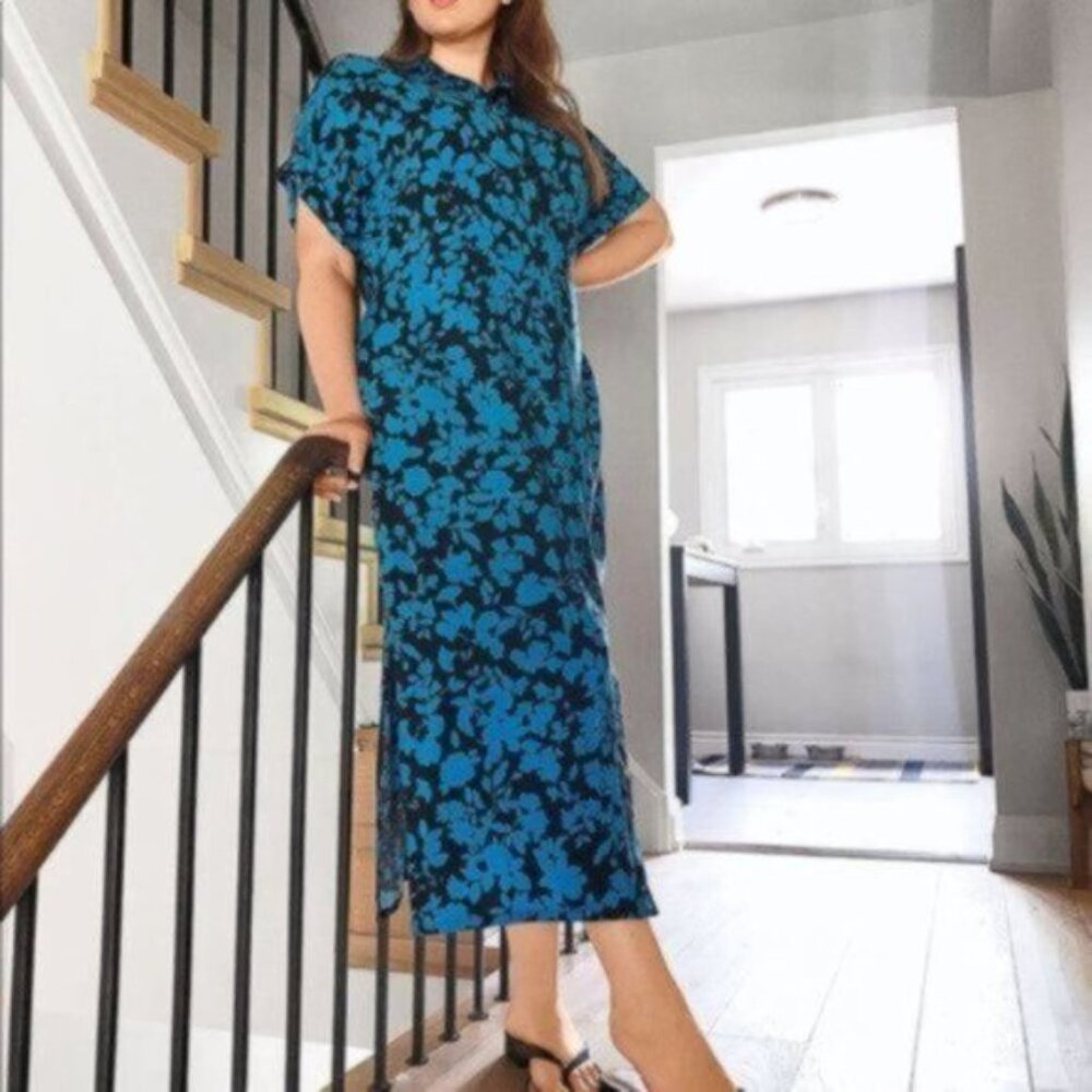 Addition Elle Women Blue/Black Maxi floral Printed Shirt Dress Plus Size 16 NWT